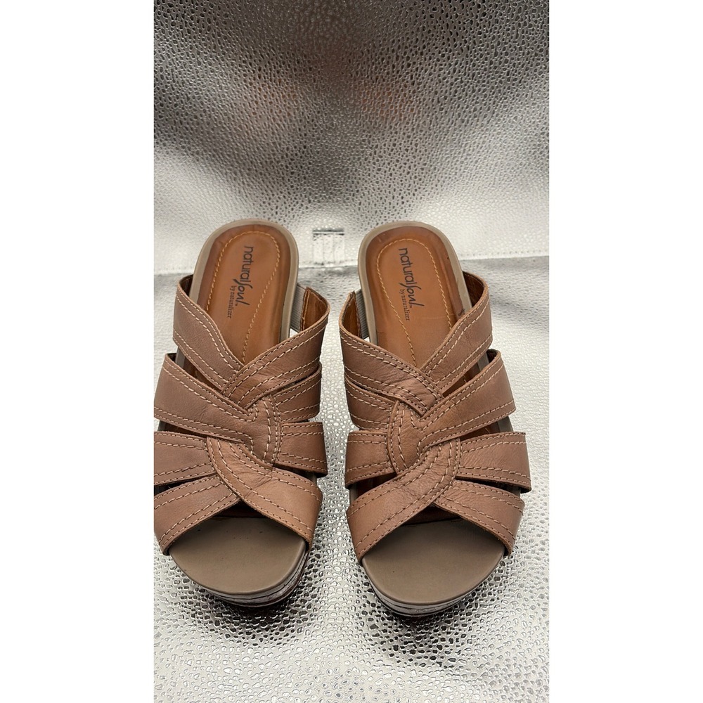 Natural Soul by Naturalizer Lynette Tan Leather Wedge Sandals Womens 7.5M A5251L